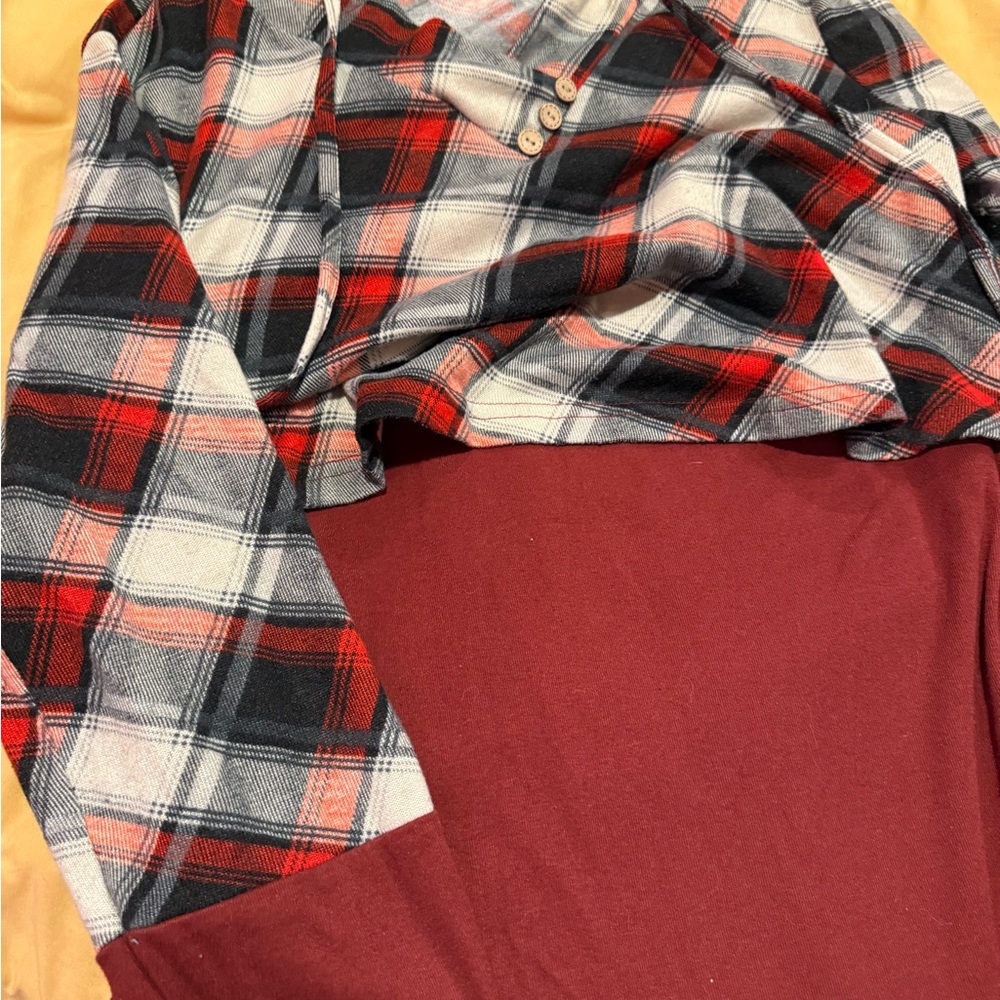 Maternity Top / nursing top /  Plaid Button-Up hoodie / burgundy-plaid size L